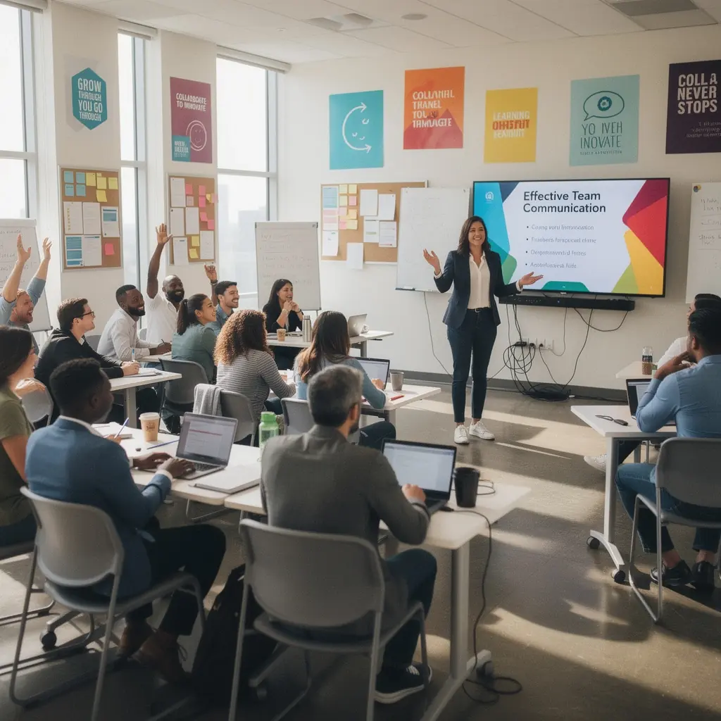 Konferences telpa ar lieliem logiem un elastīgām sēdvietām sanāksmēm un prezentācijām.